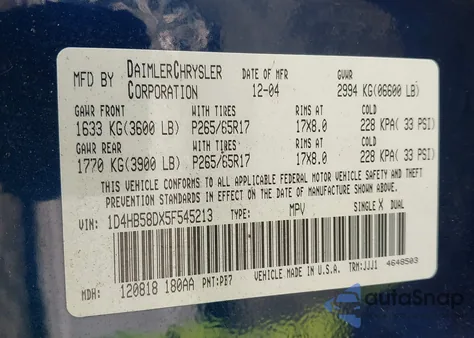 2005 Dodge Durango Limited z USA, uszkodzony, nr VIN 1D4HB58DX5F545213